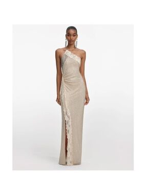 Self-Portrait Champagne Rhinestone Lace Trim Maxi Dress US 4